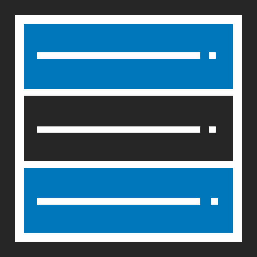 Das Logo zeigt drei horizontale Balken, die in einem Rahmen angeordnet sind. Die oberen und unteren Balken sind blau, der mittlere Balken ist schwarz. In jedem Balken befindet sich ein kurzer weißer horizontaler Streifen auf der linken Seite und zwei kleine weiße Quadrate auf der rechten Seite. Der Rahmen des Logos ist weiß mit einem schwarzen Rand.